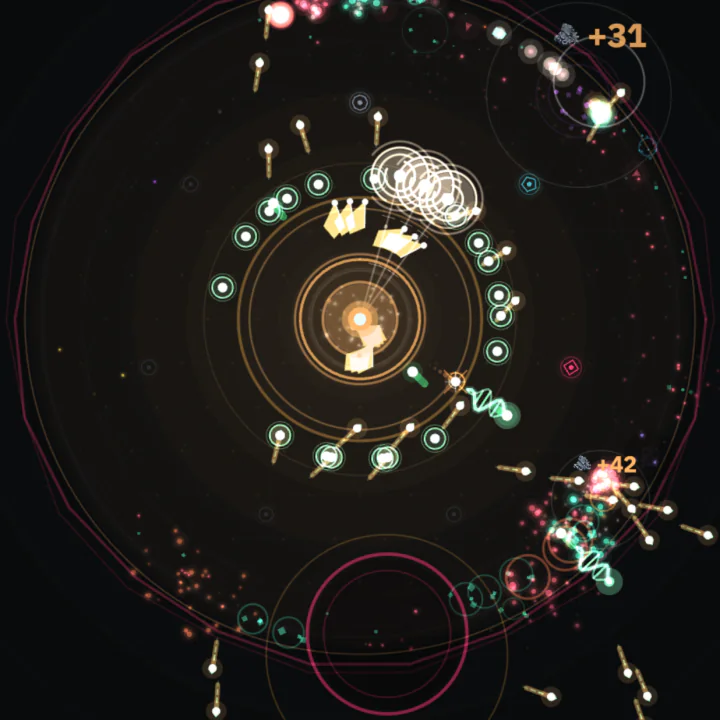 Several Glyph weapons firing around the Core during a run