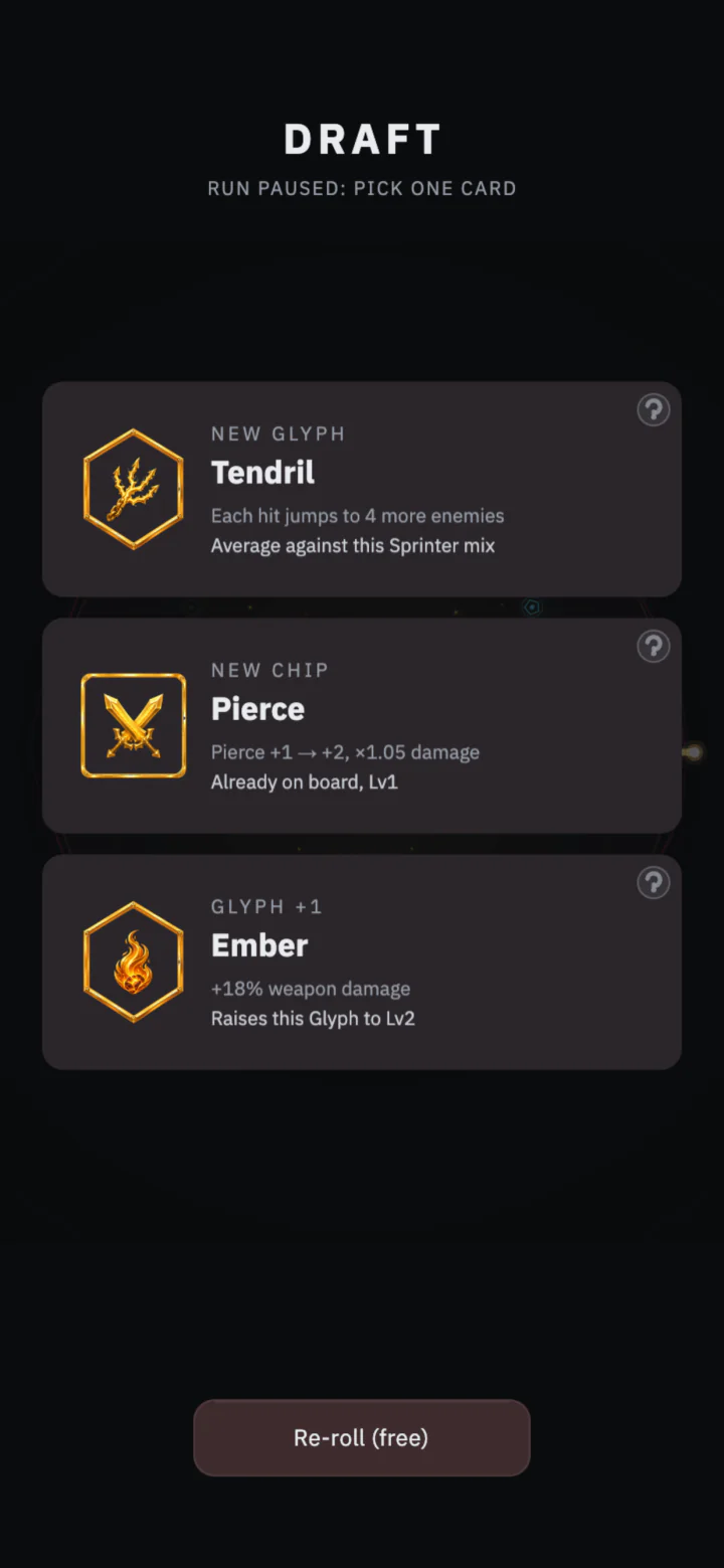 A Coreshatter Draft offering Glyphs and Chips with a free re-roll