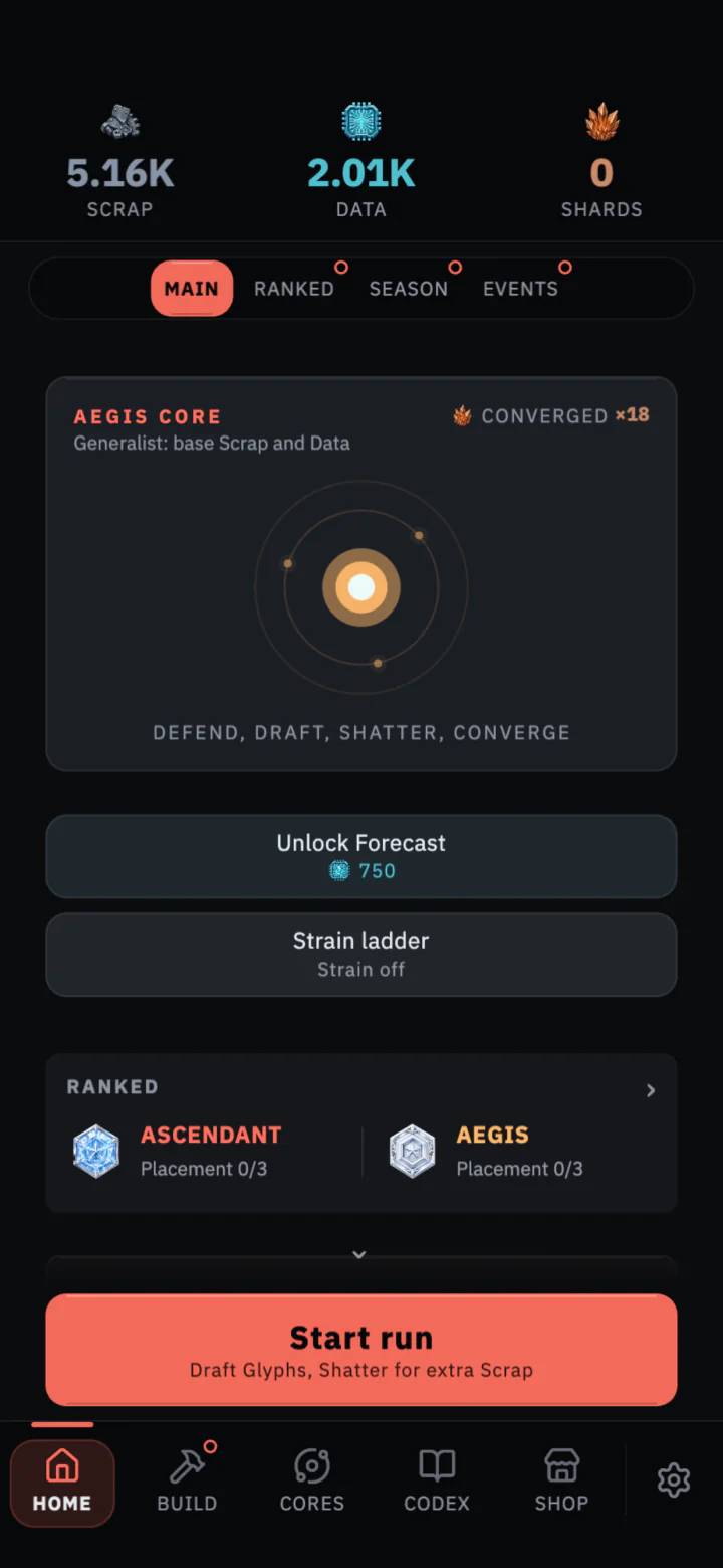 The Coreshatter Home screen between runs, showing currencies and progression