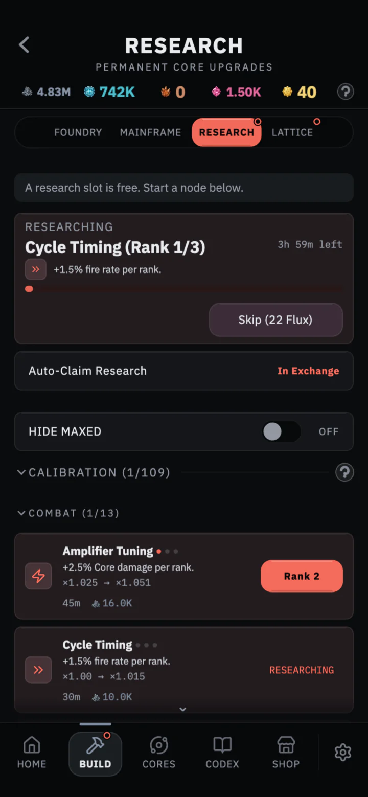 The Research tree with timed upgrades