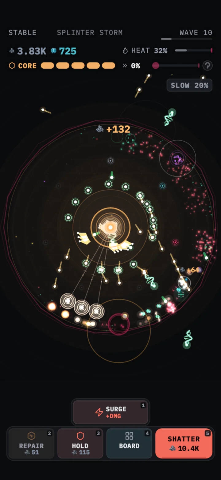 A Coreshatter run with the Core firing at enemies and Heat rising