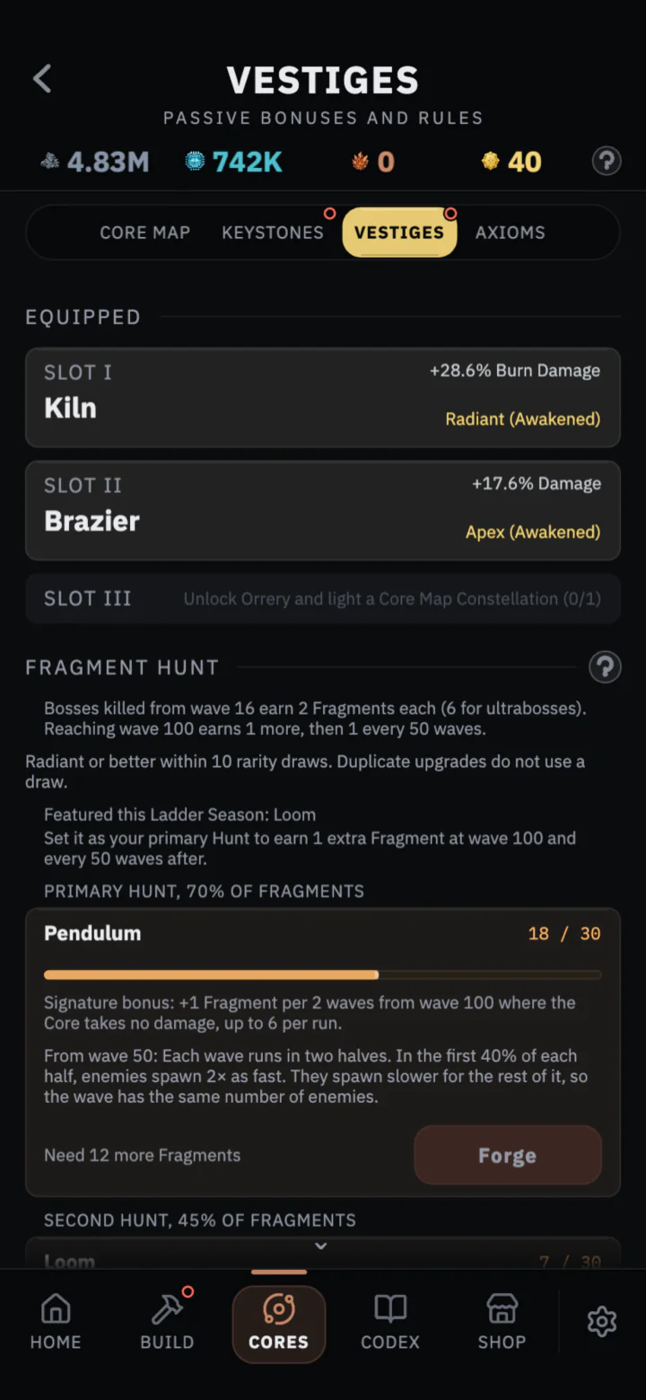 The Vestige collection with equipped relics and Fragment hunts