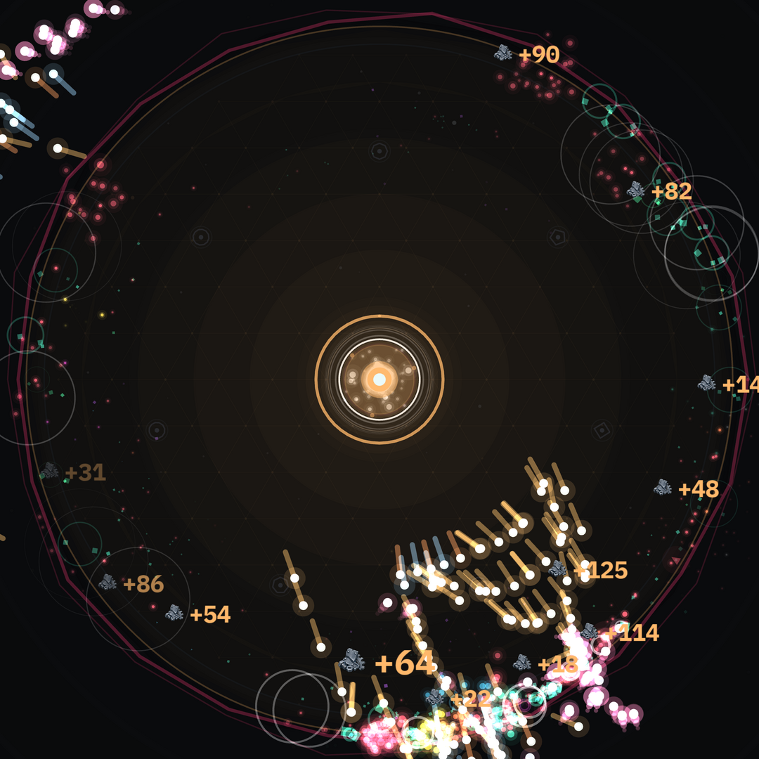 A deep Coreshatter run mid-firefight: the Core firing on all sides as projectiles fill the arena