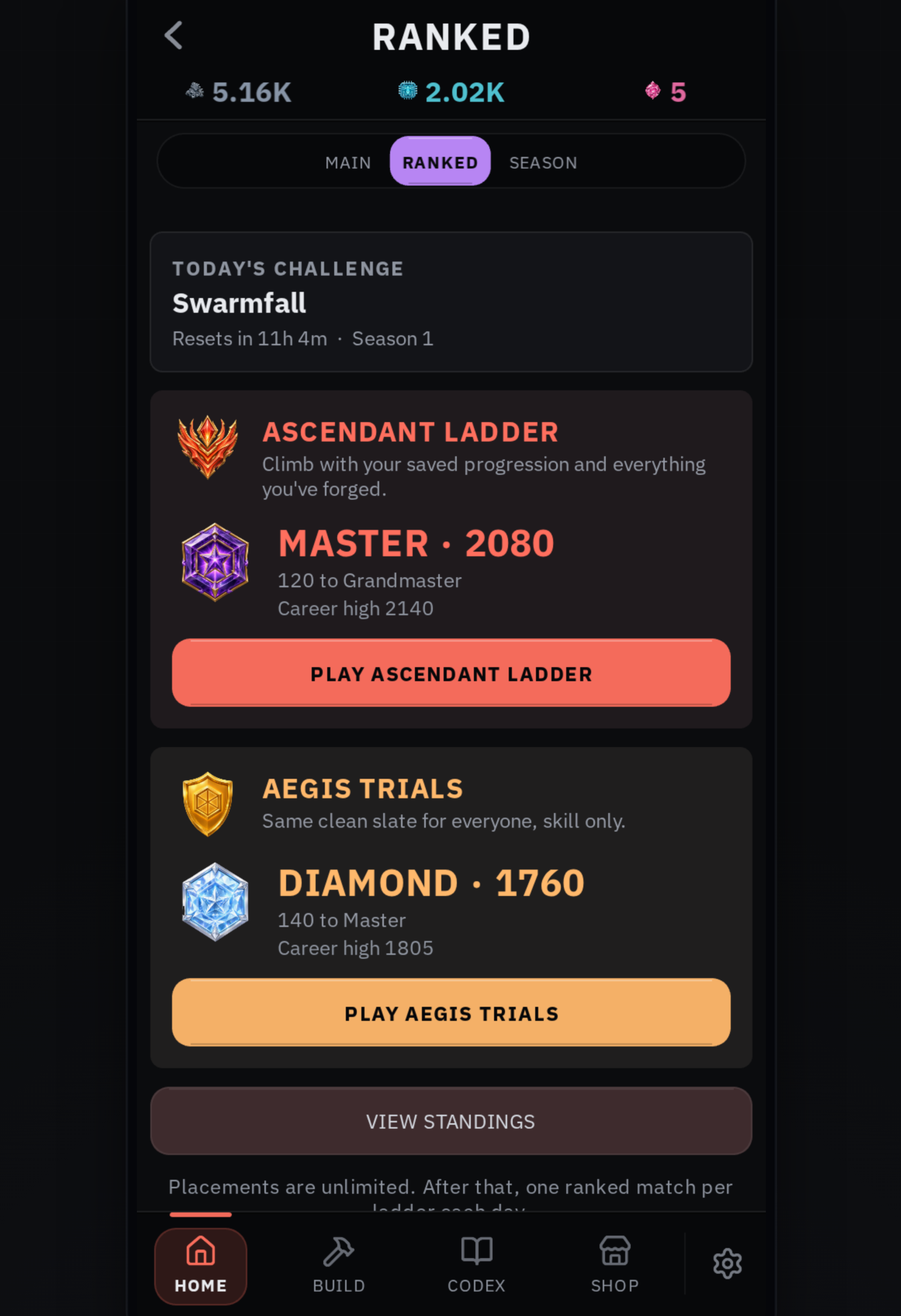 The Ranked screen: the Ascendant Ladder at Master, Aegis Trials at Diamond, today's shared challenge, and a live Standings board